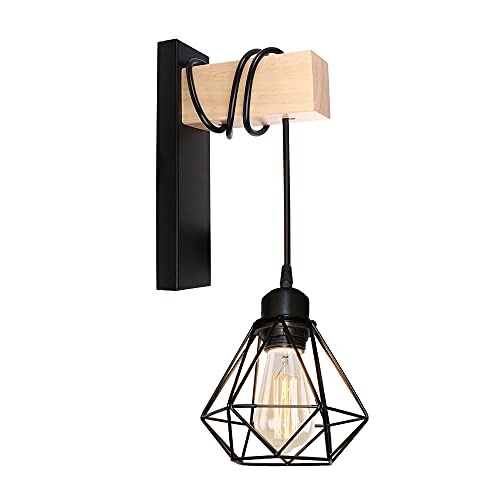 PETITES ECREVISSES Retro Wandleuchten Industrial Innen Wandlampe Vintage Schwarz E27 Deckenleuchte aus Metall mit Holz Pendelleuchte Design für Schlafzimmer Wohnzimmer Küche Flur (B, 1 Stück) von PETITES ECREVISSES