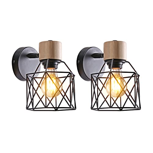 PETITES ECREVISSES 2 Stück Wandleuchte Holz Innen Vintage Wandlampe E27 Industrial Lampe Einstellbarer Lampenschirm 16CM Metall Deckenleuchte für Schlafzimmer Flur Wohnzimmer von PETITES ECREVISSES