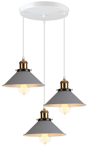 Pendelleuchte 3 Flammige Hängeleuchte Vintage Industrielle Hängelampe E27 Deckenleuchte Retro Design Lampenschirm 220mm Edison Lampe für Küche Esszimmer Schlafzimmer Flur (Grau-eine Basis 30cm) von PETITES ECREVISSES