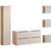 Doppelwaschtisch und Hängesäule 121cm Mallory mit 2 Schubladen, Beige und Holzoptik Doppelwaschtisch und Hängesäule 121cm Mallory mit 2 Schubladen, Beige und Holzoptik von PETITS-MEUBLES
