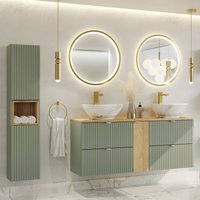 Doppelwaschtisch und Hängesäule 140cm Jade mit 4 Schubladen, Grün und Holzoptik von PETITS-MEUBLES