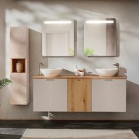 Petits-meubles - Set Doppelwaschtisch 160cm 4 Türen Wäschekorb led Spiegel und Säule Manoa Kaschmir und Holz von PETITS-MEUBLES