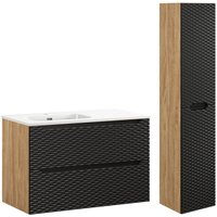 Petits-meubles - Waschtisch und Hängesäule 90cm Elora mit 2 Schubladen, Schwarz und Holzoptik von PETITS-MEUBLES