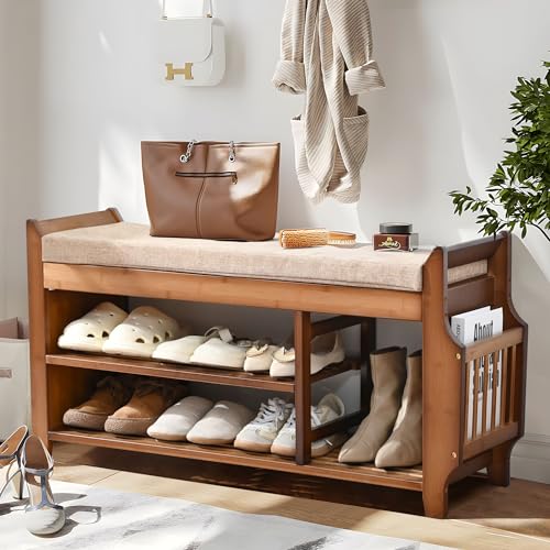 PETKABOO Schuhbank mit versteckter Schublade und Seitenhalter, 2-stöckige Eingangsbank mit Stauraum, 100,1 cm, Bambus-Schuhregal mit Kissen für Eingangsbereich, Flur, Wohnzimmer, Schlafzimmer von PETKABOO