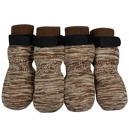 PETLOFT Anti-Rutsch Hundesocken, 4 Stück Indoor rutschfest Hundesocken mit Einstellbar Abnehmbar Befestigungsband für Kleine Mittelgroße Hunde Katzen Welpen Altere Haustiere (S, Hellbraun Pfote) von PETLOFT
