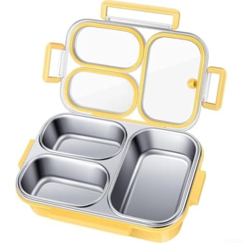 Auslaufsicherer Edelstahl-Lunchbehälter, 740 ml, 3 Fächer, Box mit Silikondichtung, für organisierte Mahlzeiten bei der Arbeit oder in der Schule (gelb) von PETSTIBLE