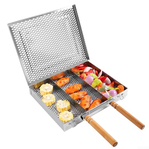 BBQ Grilltablett, Outdoor Grillpfanne Rechteckig BBQ Kochen Tablett mit Holzgriff Mehrzweck-Grillplatte für Camping Picknick (B) von PETSTIBLE