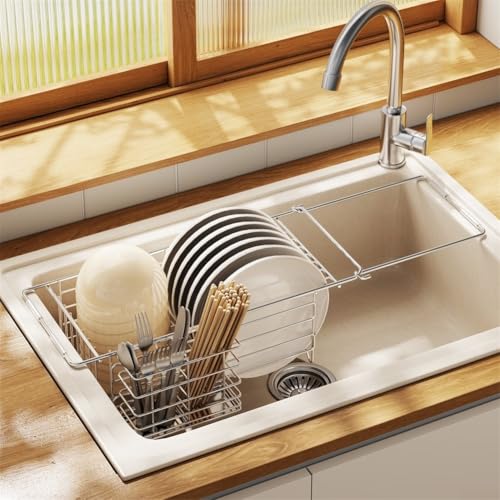 Erweiterbares Abtropfgestell aus Edelstahl mit Besteckständer, Küchenregal über Spüle, platzsparendes Design Erweiterbares Abtropfgestell aus Edelstahl mit Besteckständer, Küchenregal über Spüle, platzsparendes Design von PETSTIBLE