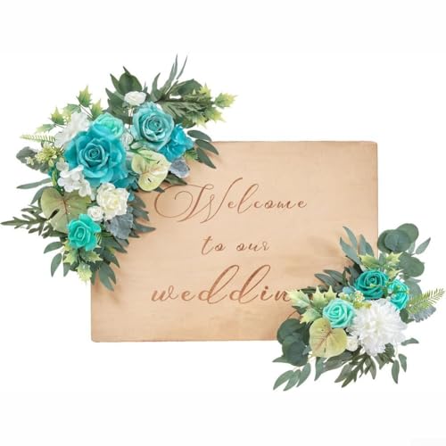 Künstliche gebrannte orangefarbene Blumen-Set, Hochzeitsbogen-Dekorationen, Seidenblumen-Girlande mit Metall-Clips für Zuhause, Party, Tisch, Tür, Stuhl, Dekoration (blau und grün) von PETSTIBLE