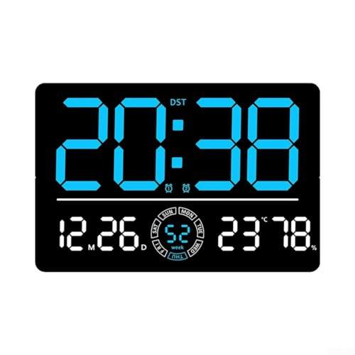 Moderne LED-Wanduhr mit umfassenden Funktionen Uhrzeit, Datum, Woche, Temperatur auf einem Bildschirm (blau) von PETSTIBLE