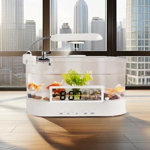 Multifunktionales Mini-Fischtank, mit LED-Schreibtischlampe und Uhr, bunte Beleuchtung, Kalenderanzeige und Wasserzirkulationssystem für Zuhause oder Büro Multifunktionales Mini-Fischtank, mit LED-Schreibtischlampe und Uhr, bunte Beleuchtung, Kalenderanzeige und Wasserzirkulationssystem für Zuhause oder Büro von PETSTIBLE
