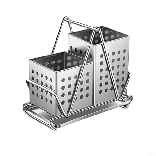 PETSTIBLE Besteckkorb mit mehreren Gittern, Edelstahl, Küchenbesteck, Essstäbchen, Ablaufkorb, effizientes Drainage-Design, bietet praktische und ordentliche Aufbewahrung (mit Tablett) von PETSTIBLE