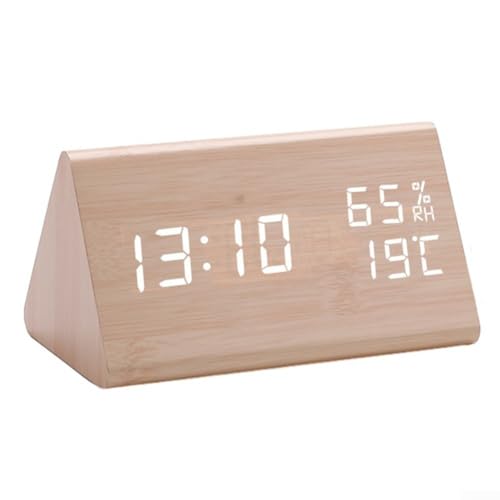 PETSTIBLE Digitaler Wecker aus Holz, Temperatur- und Luftfeuchtigkeitsuhr, LED-Dreieck, elektronische Uhr, Schlafzimmer, Wohnzimmer, Nachttisch (beige) von PETSTIBLE