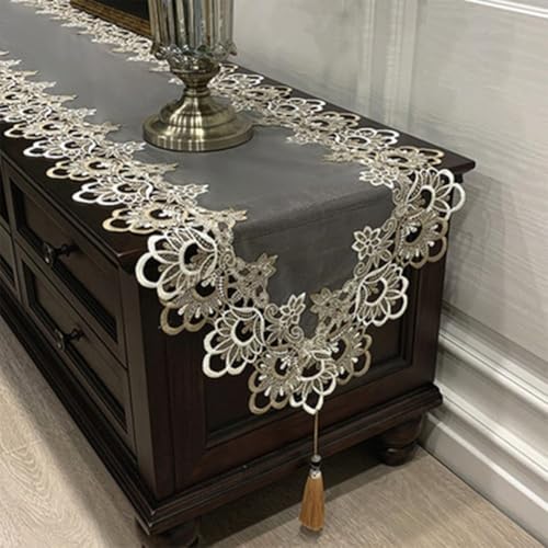 Robuster, ovaler Tischläufer mit rutschfestem Design und eleganter Spitze für sichere Platzierung auf Tischen (40 x 140 cm A) von PETSTIBLE