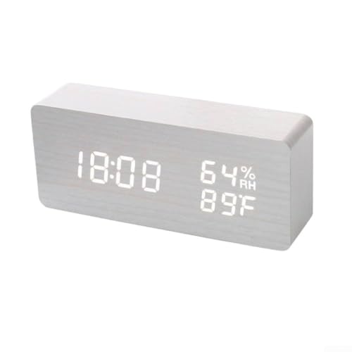 Smart LED Digital Holzuhr Sprachsteuerung Display Temperatur Luftfeuchtigkeit Datum Modern Home Office Desktop Zeitmonitor USB Powered (D) von PETSTIBLE