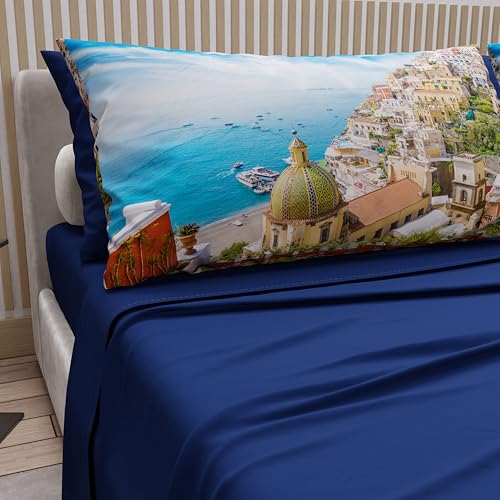 PETTI Artigiani Italiani Bettwäsche-Set aus Baumwolle, für französisches Bett, mit Kissenbezügen und Spannbettlaken, 140 x 200 cm, Design Positano, elektrisches Blau, 100% hergestellt in Italien von PETTI Artigiani Italiani