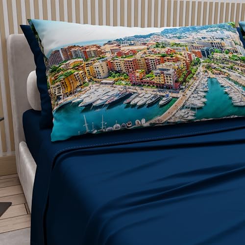 PETTI ARTIGIANI ITALIANI Bettwäsche-Set aus Baumwolle für Maxi-Doppelbett mit Kissenbezügen und Spannbettlaken, 180 x 200 cm, Design Monaco Nachtblau, 100% hergestellt in Italien PETTI ARTIGIANI ITALIANI Bettwäsche-Set aus Baumwolle für Maxi-Doppelbett mit Kissenbezügen und Spannbettlaken, 180 x 200 cm, Design Monaco Nachtblau, 100% hergestellt in Italien von PETTI Artigiani Italiani
