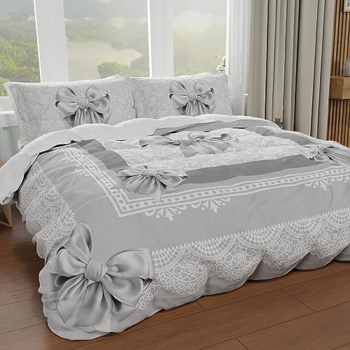 PETTI Artigiani Italiani - Bettbezug für Doppelbett, Bettbezug, Bettbezug und Kissenbezüge, 100% Made in Italy, graue Schleife von PETTI Artigiani Italiani