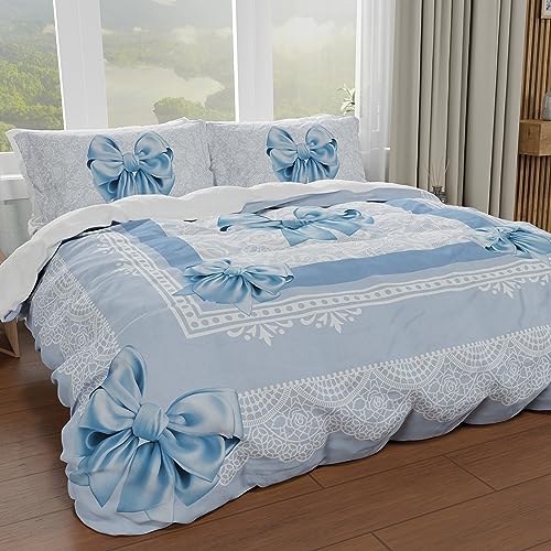 PETTI Artigiani Italiani - Bettbezug für Doppelbett, Bettdeckenbezug, Bettbezug und Kissenbezug, 100% Made in Italy, hellblaue Schleife von PETTI Artigiani Italiani