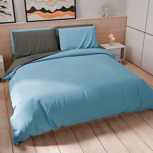 PETTI Artigiani Italiani - Bettwäsche-Set für Doppelbett 230 x 220 cm (2 Kissenbezüge 75 x 50 cm inklusive), Bettbezug weiche Mikrofaser, einfarbig, Hellblau - Dunkelgrau von PETTI Artigiani Italiani