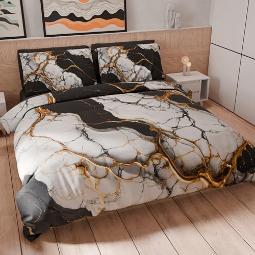 PETTI Artigiani Italiani - Bettwäsche-Set für Einzelbett, 200 x 135 cm (1 Kissenbezug 80 x 80 cm im Lieferumfang enthalten), Bettbezug aus Mikrofaser mit Digitaldruck, schwarzer Marmoreffekt von PETTI Artigiani Italiani