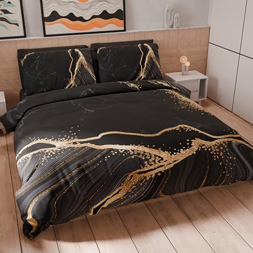 PETTI Artigiani Italiani - Bettwäsche-Set für Einzelbett, 200 x 135 cm (1 Kissenbezug 80 x 80 cm im Lieferumfang enthalten), Bettbezug aus Mikrofaser mit schwarzem Marmor-Digitaldruck, hergestellt in von PETTI Artigiani Italiani