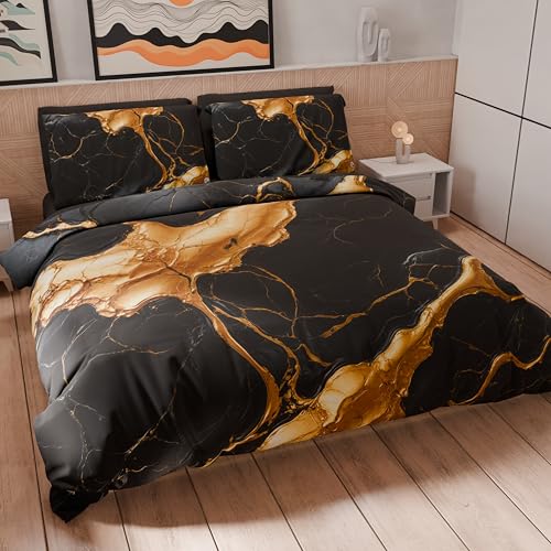 PETTI Artigiani Italiani - Bettwäsche-Set für Einzelbett, 200 x 135 cm (1 Kissenbezug 80 x 80 cm inklusive), Bettwäsche-Set aus Mikrofaser mit Digitaldruck, Marmoreffekt, Schwarz und Gold, hergestellt von PETTI Artigiani Italiani