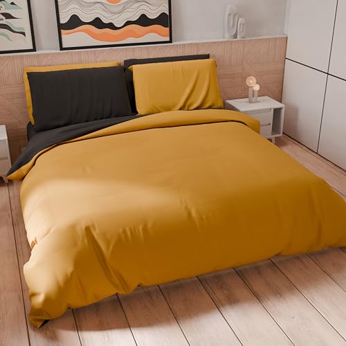 PETTI Artigiani Italiani - Bettwäsche-Set für Einzelbett, 200 x 135 cm (1 Kissenbezug 80 x 80 cm inklusive), Bettwäsche-Set aus weicher Mikrofaser, einfarbig, Ockergelb - Schwarz von PETTI Artigiani Italiani