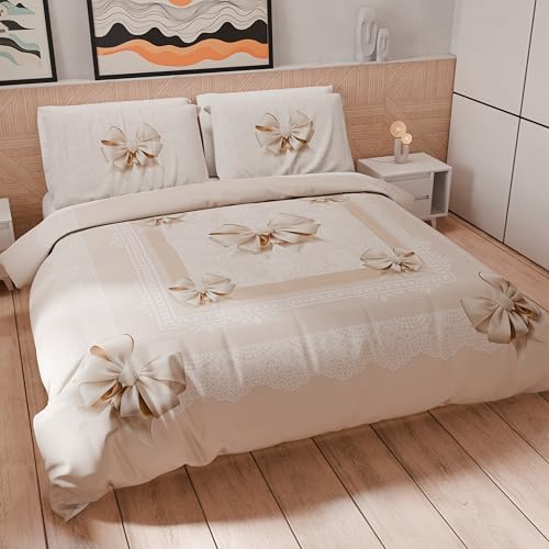 PETTI Artigiani Italiani - Bettwäsche-Set für Einzelbett 200 x 135 cm (1 Kissenbezug 75 x 50 cm im Lieferumfang enthalten), Bettbezug aus Mikrofaser mit Digitaldruck Schleife in Beige - Made in Italy von PETTI Artigiani Italiani
