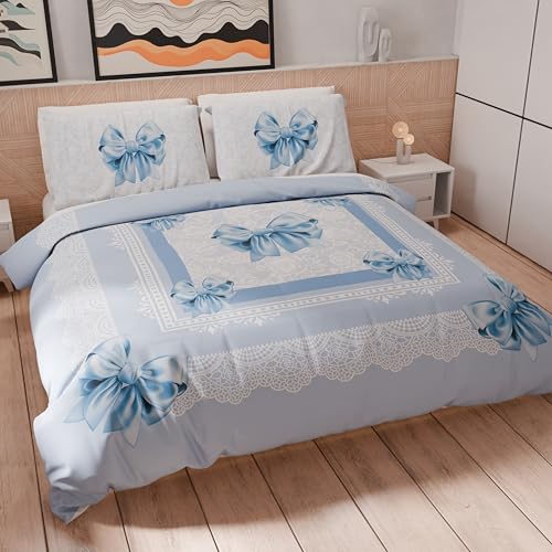 PETTI Artigiani Italiani - Bettwäsche-Set für Einzelbett 200 x 135 cm (1 Kissenbezug 80 x 80 cm im Lieferumfang enthalten), Bettbezug aus Mikrofaser mit Digitaldruck hellblauer Schleife - Made in von PETTI Artigiani Italiani