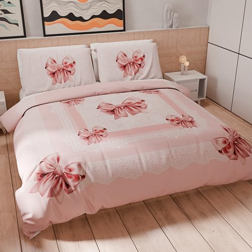 PETTI Artigiani Italiani - Bettwäsche-Set für Einzelbett 200 x 135 cm (1 Kissenbezug 80 x 80 cm im Lieferumfang enthalten), Bettbezug aus Mikrofaser mit Digitaldruck rosa Schleife - Made in Italy von PETTI Artigiani Italiani