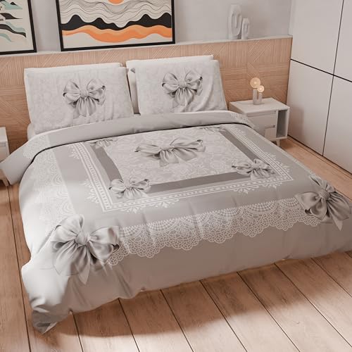 PETTI Artigiani Italiani - Bettwäsche-Set für Einzelbett 200 x 135 cm (1 Kissenbezug 80 x 80 cm inklusive), Bettbezug Mikrofaser mit Digitaldruck Grauer Schleife - Made in Italy von PETTI Artigiani Italiani