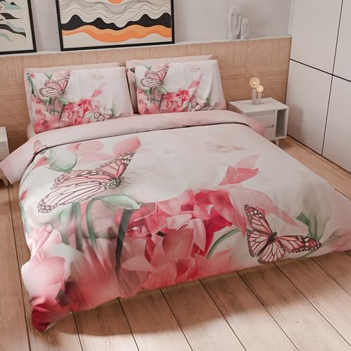 PETTI Artigiani Italiani - Bettwäsche-Set für Einzelbett 200 x 135 cm (1 Kissenbezug 80 x 80 cm inklusive), Bettbezug Mikrofaser mit Digitaldruck Roses Butterfly - Made in Italy von PETTI Artigiani Italiani