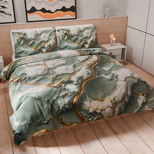 PETTI Artigiani Italiani - Bettwäsche-Set für Einzelbett 200 x 135 cm (1 Kissenbezug 80 x 80 cm inklusive), Bettwäsche-Set aus Mikrofaser mit Digitaldruck, Salbei-Marmor-Effekt, hergestellt in Italien von PETTI Artigiani Italiani