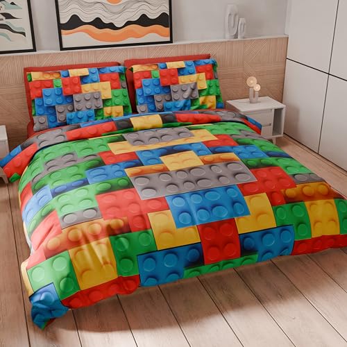 PETTI Artigiani Italiani - Bettwäsche-Set für Einzelbett 200 x 135 cm (1 Kissenbezug 80 x 80 cm inklusive), Bettwäsche-Set aus Mikrofaser mit Digitaldruck Bausteine - Made in Italy von PETTI Artigiani Italiani