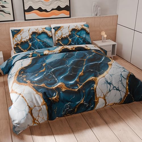PETTI Artigiani Italiani - Bettwäsche-Set für Einzelbett 200 x 135 cm (1 Kissenbezug 80 x 80 cm inklusive), Bettwäsche-Set aus Mikrofaser mit Digitaldruck in Blauer Marmoroptik - Made in Italy von PETTI Artigiani Italiani