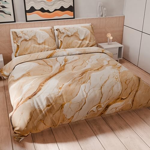 PETTI Artigiani Italiani - Bettwäsche-Set für Einzelbett 200 x 135 cm (1 Kissenbezug 80 x 80 cm inklusive), Bettwäsche-Set aus Mikrofaser mit Digitaldruck in Marmor-Optik, Beige - Made in Italy von PETTI Artigiani Italiani