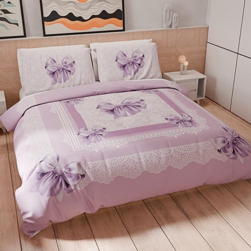 PETTI Artigiani Italiani - Bettwäsche-Set für Einzelbett Maxi 220 x 155 cm (1 Kissenbezug 80 x 80 cm inklusive), Bettbezug Mikrofaser mit Digitaldruck Schleife Lila - Made in Italy von PETTI Artigiani Italiani