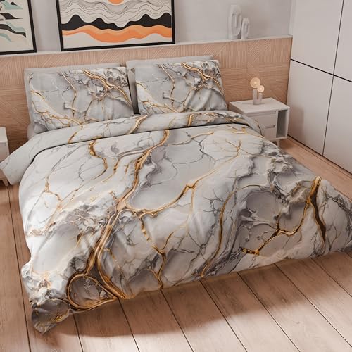 PETTI Artigiani Italiani - Bettwäsche-Set für Einzelbetten 200 x 135 cm (1 Kissenbezug 75 x 50 cm inklusive), Bettwäsche-Set aus Mikrofaser mit Digitaldruck, Grauer Marmoreffekt, hergestellt in von PETTI Artigiani Italiani