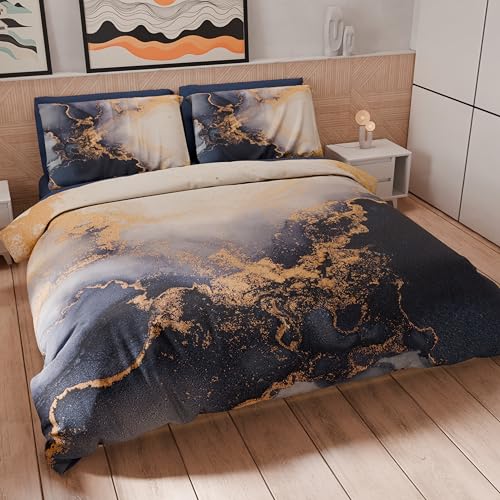 PETTI Artigiani Italiani - Bettwäsche-Set für Einzelbetten 200 x 135 cm (1 Kissenbezug 75 x 50 cm inklusive), Bettwäsche-Set aus Mikrofaser mit Digitaldruck, marmorfarben, Dunkelblau – Made in Italy von PETTI Artigiani Italiani