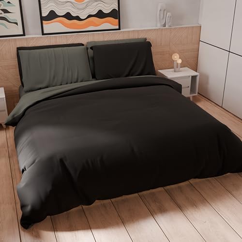PETTI Artigiani Italiani - Bettwäsche-Set für Einzelbetten 200 x 135 cm (1 Kissenbezug 75 x 50 cm inklusive), Bettwäsche-Set aus weicher Mikrofaser, einfarbig Dunkelgrau - Schwarz von PETTI Artigiani Italiani