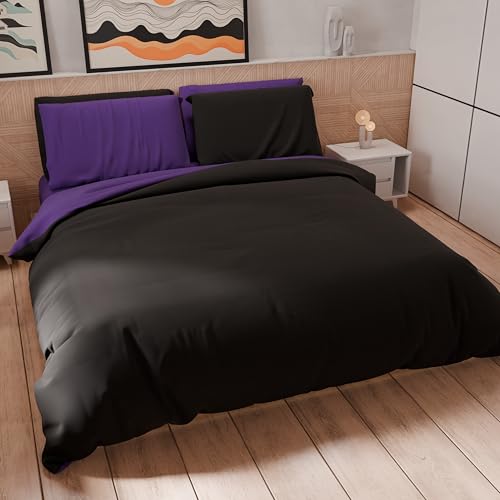 PETTI Artigiani Italiani - Bettwäsche-Set für Einzelbetten 200 x 135 cm (1 Kissenbezug 75 x 50 cm inklusive), Bettwäsche-Set aus weicher Mikrofaser, einfarbig Schwarz - Violett von PETTI Artigiani Italiani