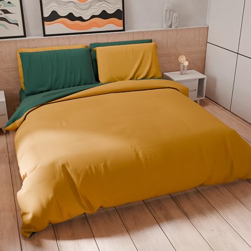 PETTI Artigiani Italiani - Bettwäsche-Set für Einzelbetten 200 x 135 cm (1 Kissenbezug 80 x 80 cm inklusive), Bettwäsche-Set aus weicher Mikrofaser, einfarbig, Smaragdgrün - Ockergelb von PETTI Artigiani Italiani