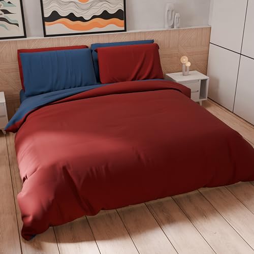 PETTI Artigiani Italiani - Bettwäsche-Set für Einzelbetten 200 x 135 cm (1 Kissenbezug 80 x 80 cm inklusive), Bettwäsche-Set aus weicher Mikrofaser, einfarbig Bordeaux - Nachtblau von PETTI Artigiani Italiani