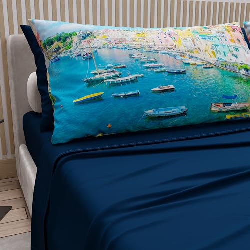 PETTI Artigiani Italiani - Bettwäsche aus Baumwolle mit Kissenbezügen mit Digitaldruck, Bettlaken für französisches Bett, Bettwäsche-Set Procida Nachtblau, 100% Made in Italy von PETTI Artigiani Italiani