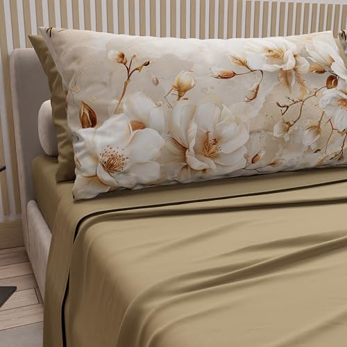 PETTI Artigiani Italiani - Bettwäsche für Doppelbett, Baumwolle mit Kissenbezügen mit Digitaldruck, Bettlaken für Doppelbett, Maxi-Blumenmuster, 12 Taupe, 100% Made in Italy von PETTI Artigiani Italiani