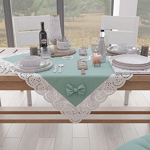 PETTI Artigiani Italiani - Elegante Mitteldecke, Tischdekoration für die Küche, unifarben mit Rüschen aus Sangallo-Spitze und Schleifen, Mittelstück aus Baumwolle, Mitteldecke 95 x 95 cm von PETTI Artigiani Italiani