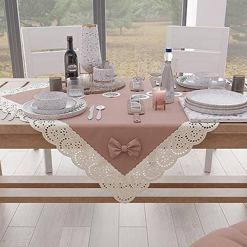 PETTI Artigiani Italiani - Elegante Mitteldecke, Tischdekoration für die Küche, unifarben mit Rüschen aus Sangallo-Spitze und Schleifen, Mittelstück aus Baumwolle, Mitteldecke 95 x 95 cm von PETTI Artigiani Italiani