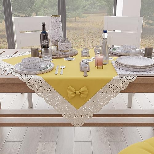 PETTI Artigiani Italiani - Elegante Mitteldecke, Tischdekoration für die Küche, unifarben mit Rüschen aus Sangallo-Spitze und Schleifen, Mittelstück aus Baumwolle, Mitteldecke 95 x 95 cm von PETTI Artigiani Italiani