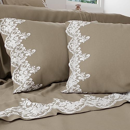 PETTI Artigiani Italiani - Perkal, Bettlaken für Doppelbett mit Spitze, Perkal, Bettwäsche-Set für Doppelbett, Bettlaken mit Spitze Taupe, 100% Made in Italy von PETTI Artigiani Italiani